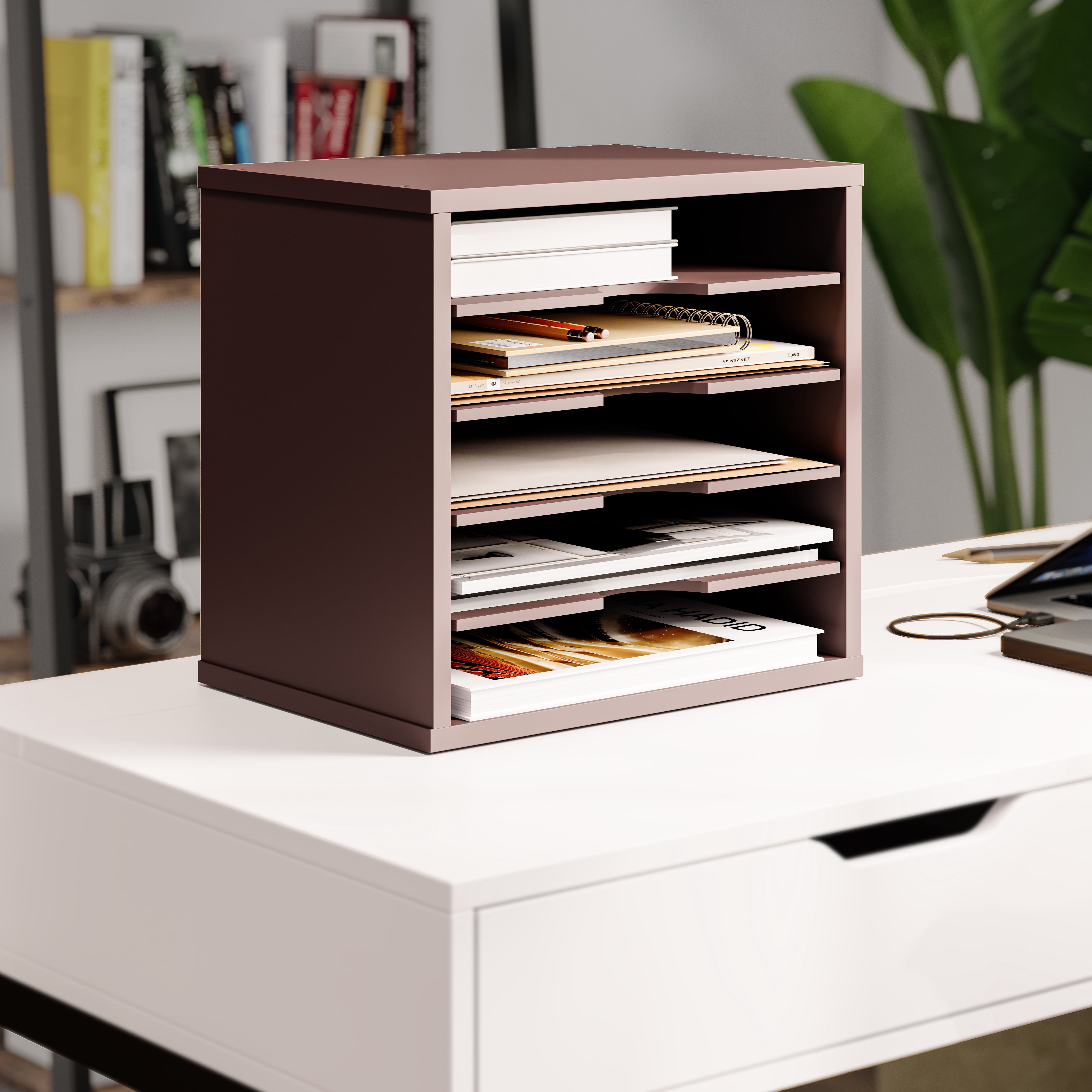 Ballucci 5-Tier Paper Organizer, Desk File Holder, Office Document Letter Tray, Dark Brown