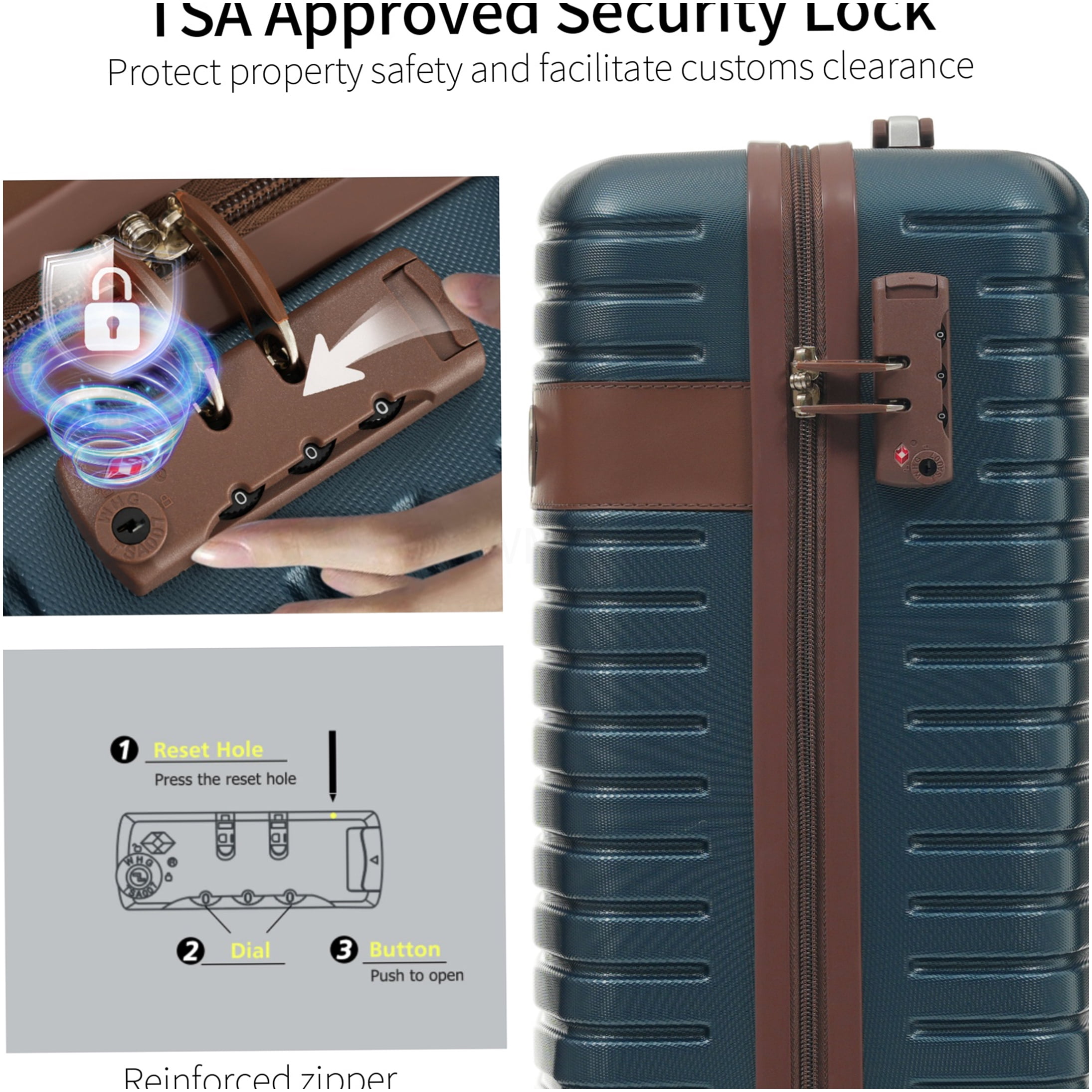 3 Piece Ink Blue ABS Hardshell Luggage Set with Spinner Wheels, TSA Lock, and Weekender Bag