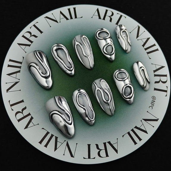 Reusable Regular Almond Handmade Press on Nails Set with Jelly Glue, Gloss Silver Metallic, Handmade Nail Set, Metal Style, 10 Pieces, Size s