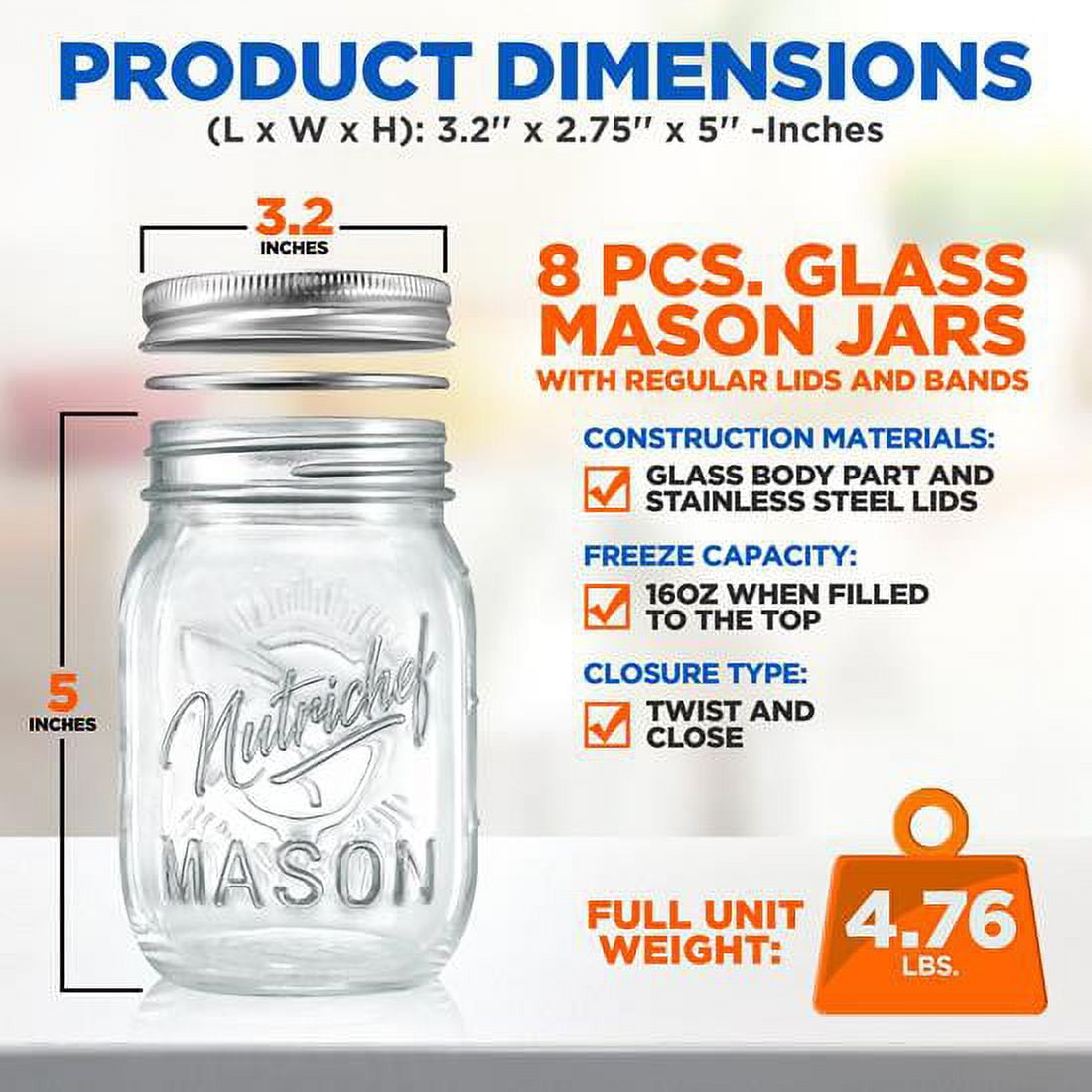 NutriChef 16oz DIY Magnetic Spice Mason Jar Glass Container w/ Airtight Lid and Band (8 Pcs)