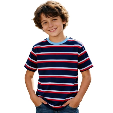 CONZONE Toddler Boys T-Shirts Striped Print Crew Neck Short Sleeved Breathable Soft Tops Red Size 2-3 Years