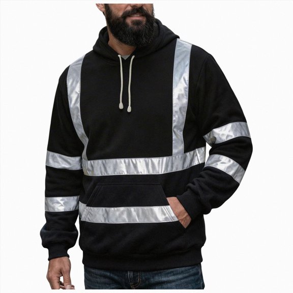 GEWSEY Men's Hoodie Reflective Strip Hooded Sweatshirts Safety Workwear Fleece Sweatshirt Pullover with Pockets (Black, XL)