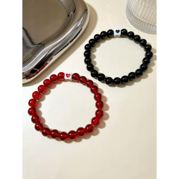 EOEMY 2Pcs/Set Heart Detail Couple Beaded Bracelet Women Men Bracelet Stackable-Default