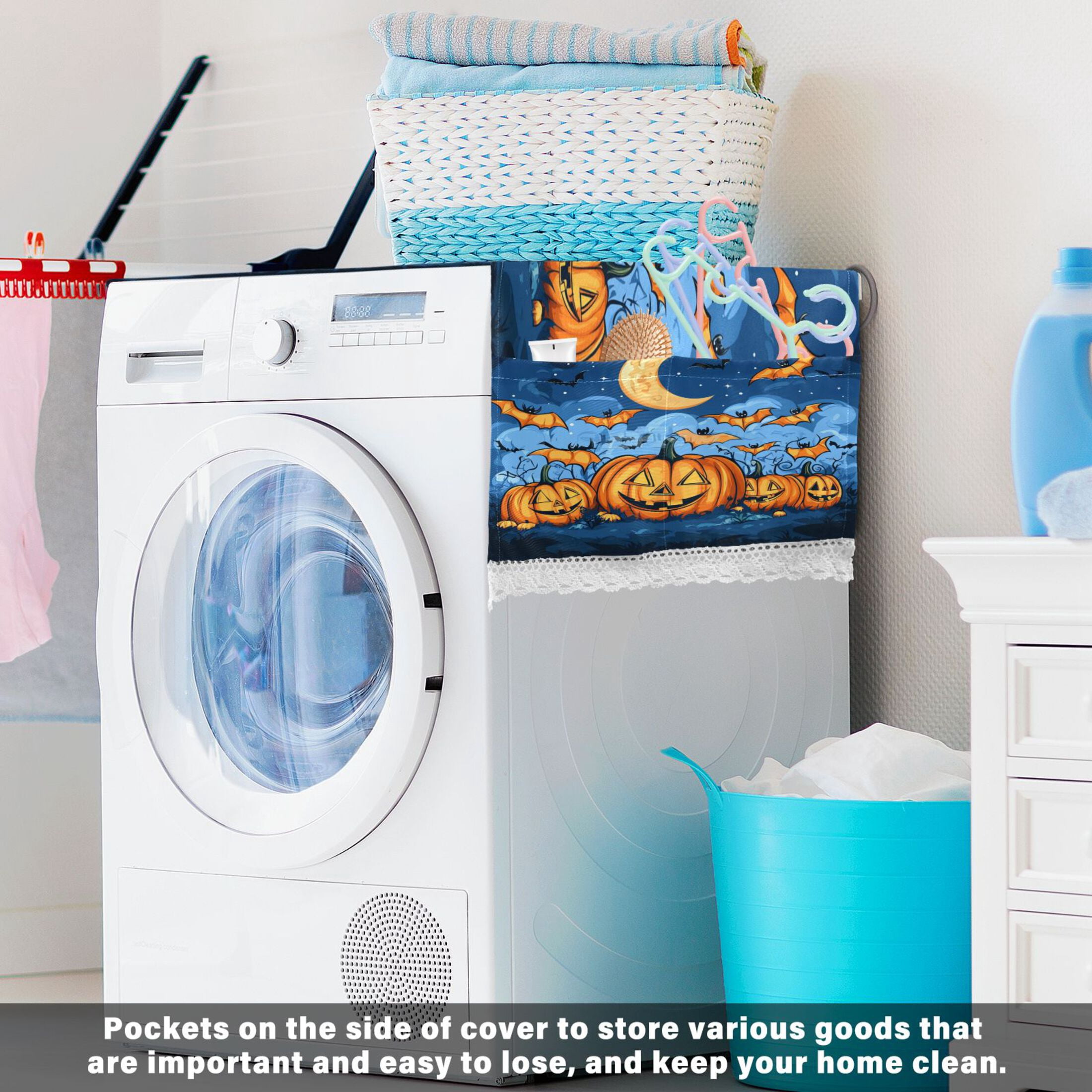Halloween PumpkinsWasher and Dryer Covers Dust-Proof and Oil Resistant Fridge Cover with 4 Storage Pockets Washing Machine Top Cover for Laundry Kitchen Home 51.2 x 22 In