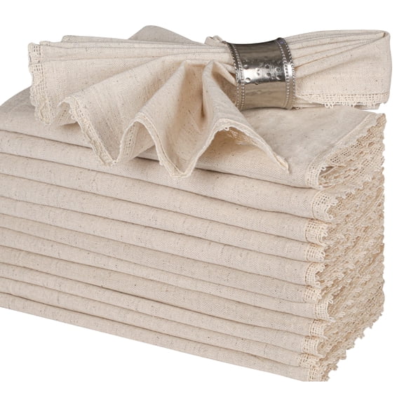 Bedding Craft Natural Linen Flax Cotton Cloth Dinner Napkins – Linen Fabric Napkins with Lace Trim and Mitered Corners – Set of 12, 18"x18"