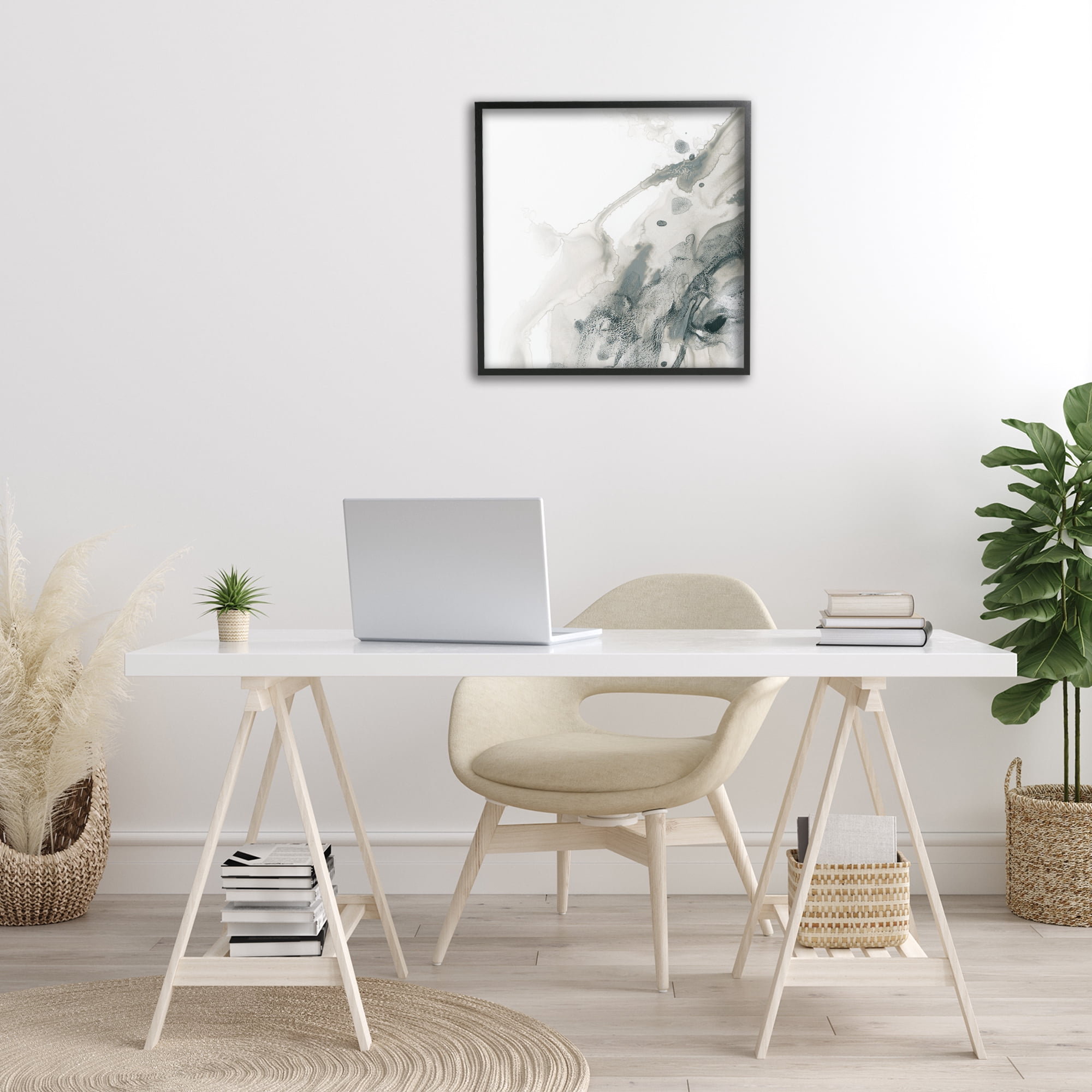 Stupell Industries Grey Splash on White Abstract Painting Black Framed Art Print Wall Art, 24 x 24