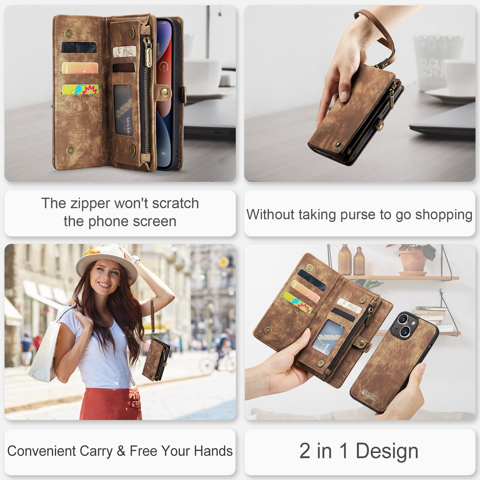 For Apple iPhone 15 Plus Wallet Case,Multi-Functional Retro Leather Purse Flip Cover Zipper Wallet Case with Removable Card Slots Pocket & Detachable Wrist Strap Magnetic Phone Case, Darkbrown