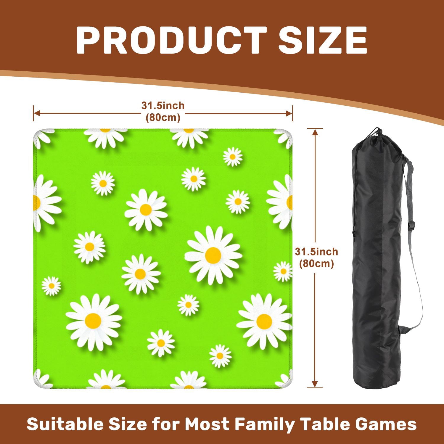 Mahjong Mat 31.5" x 31.5" White Daisy Flowers Bright Green Flat Style Non-Slip Noise Reduction American Mahjong Tiles Table Cover for Dominoes Poker Card Board Games Gift