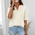 thumbnail image 4 of Womens 3/4 Sleeve Tops Cotton Button Down Shirts V Neck Pleated Casual Loose Blouses Roll Up Sleeve Shirt Beige XL, 4 of 5