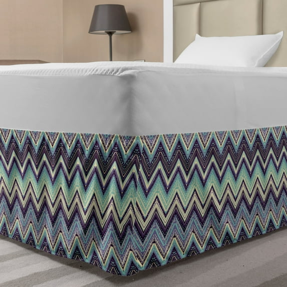 Ikat Bed Skirt, Ornamental Chevron Pattern with Retro Design Elements, Elastic Bedskirt Dust Ruffle Wrap Around for Bedding Decor, 4 Sizes, Pale Blue Purple, by Ambesonne