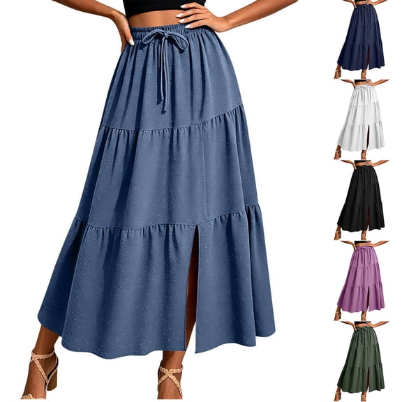 Tqcoqu Midi Skirts for Women Flowy High Waisted Skirts Elastic Casual Skirts for Women with Decoration Drawstring,Army Green,Women's S-XXL