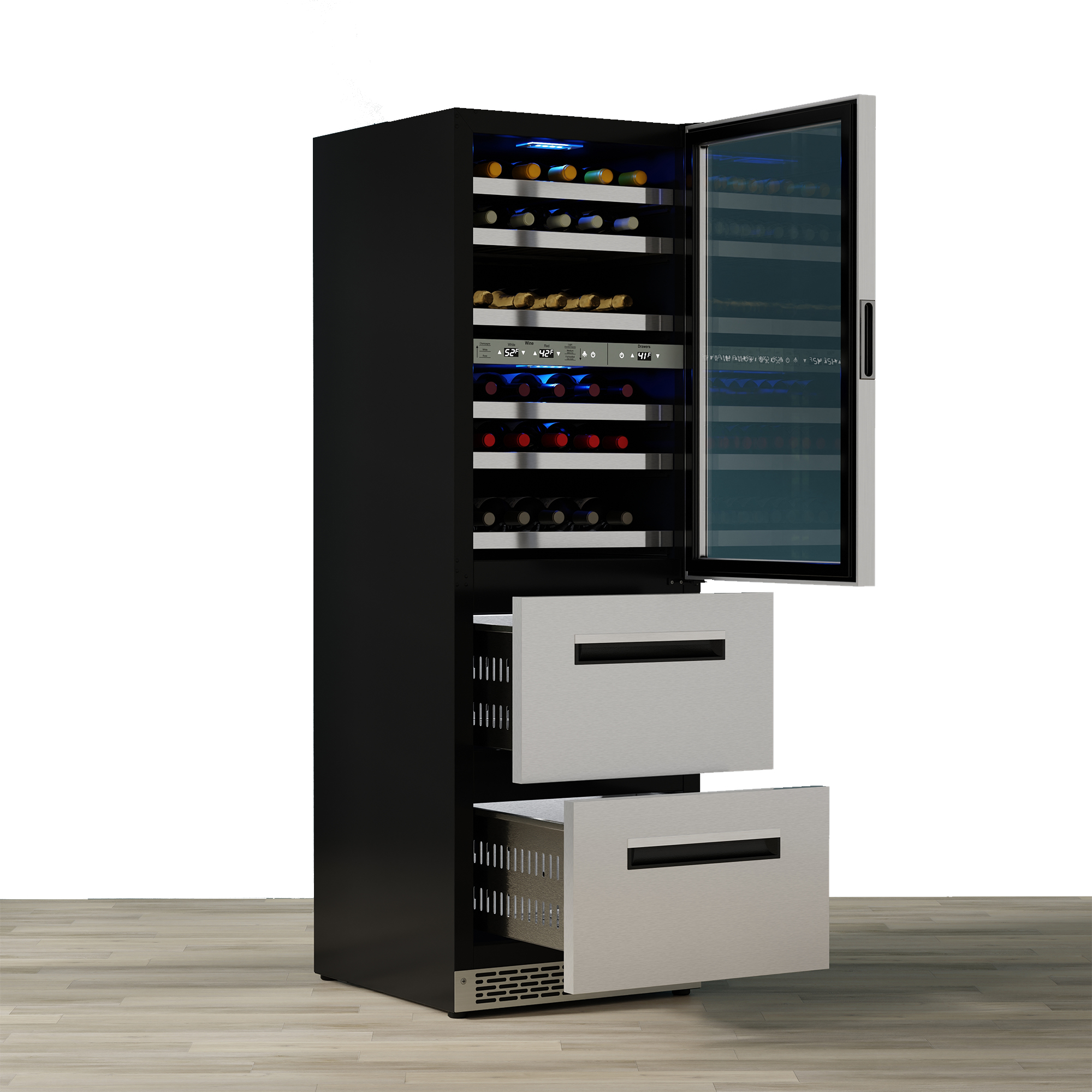Equator Advanced Appliances Connoisseurs Club 3-Zone 84 Bottle Wine & Beverage Refrigerator, 7 LED Lights 2 Drawers 110V