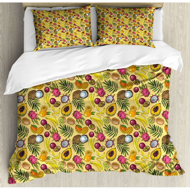 Fruit Queen Size Duvet Cover Set, Various Tropical Fruits Kiwi