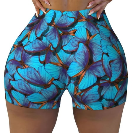 Workout Shorts Women  Blue Butterflies Biker Shorts for Women Running Gym Spandex Shorts Tummy Control
