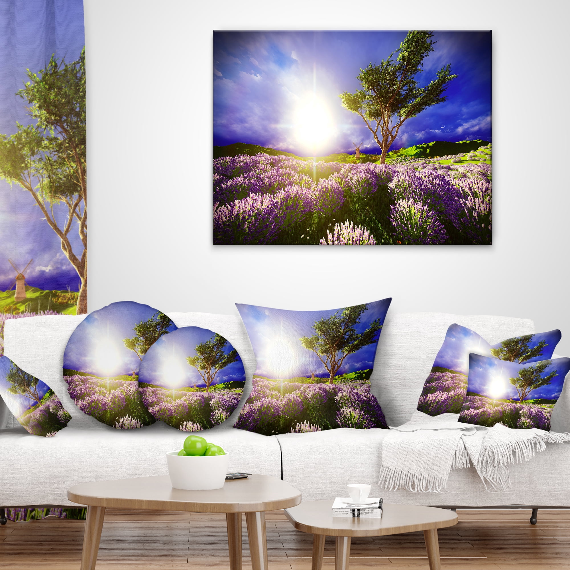 Designart Lavender Field under Blue Sky - Modern Landscape Printed Throw Pillow - 18x18