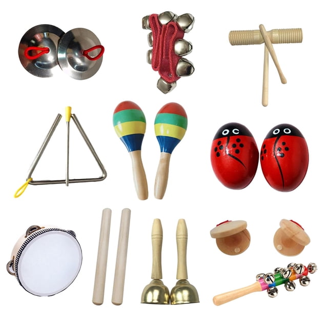 Juegos de percusión de juguete musical Montessori para niños, instrumento Musical de aprendizaje temprano, juego de batería para bebés, niños y niñas 11 piezas