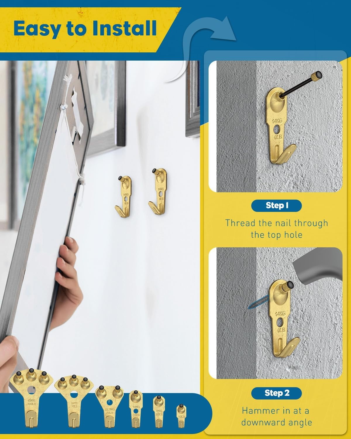 JJEAN-230 Pcs Picture Hanging Kit, 10 lb, 20 lb, 30 lb, 50 lb, 75 lb, 100 lb Heavy Duty Picture Hooks with Nails, D Ring Picture Hangers Sawtooth Picture Hangers & Picture Hanging Wires with Screws