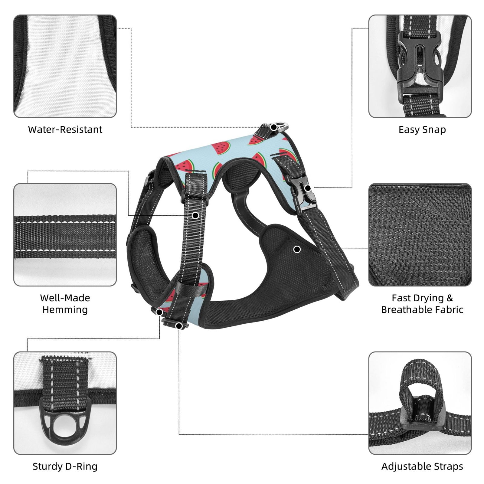 Kdxio Watermelon Print No Pull Dog Harness Adjustable Reflective Oxford Easy Control Medium Large Dog Harness for Training and Everyday-Medium