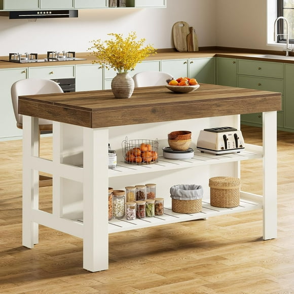 Tribesigns Kitchen Island with Seating and Storage Shelves, 55.1-Inch Breakfast Counter Farmhouse Island Table for Kitchen Dining Room