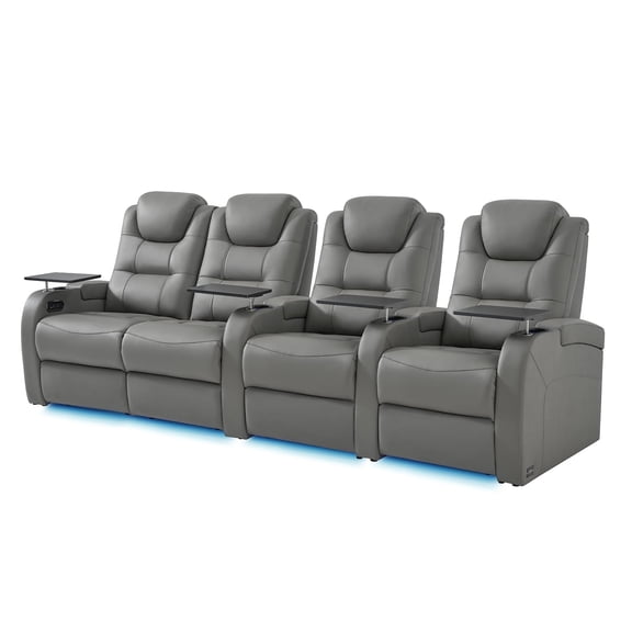 comfiroom Home Theater Seating Simple Style Top Grain Leather Recliner Chair Dual Power Electric Headrest Movie Theater Chairs Gaming Sofa with Tray Table (Grey, Row of 4 Loveseat Left)