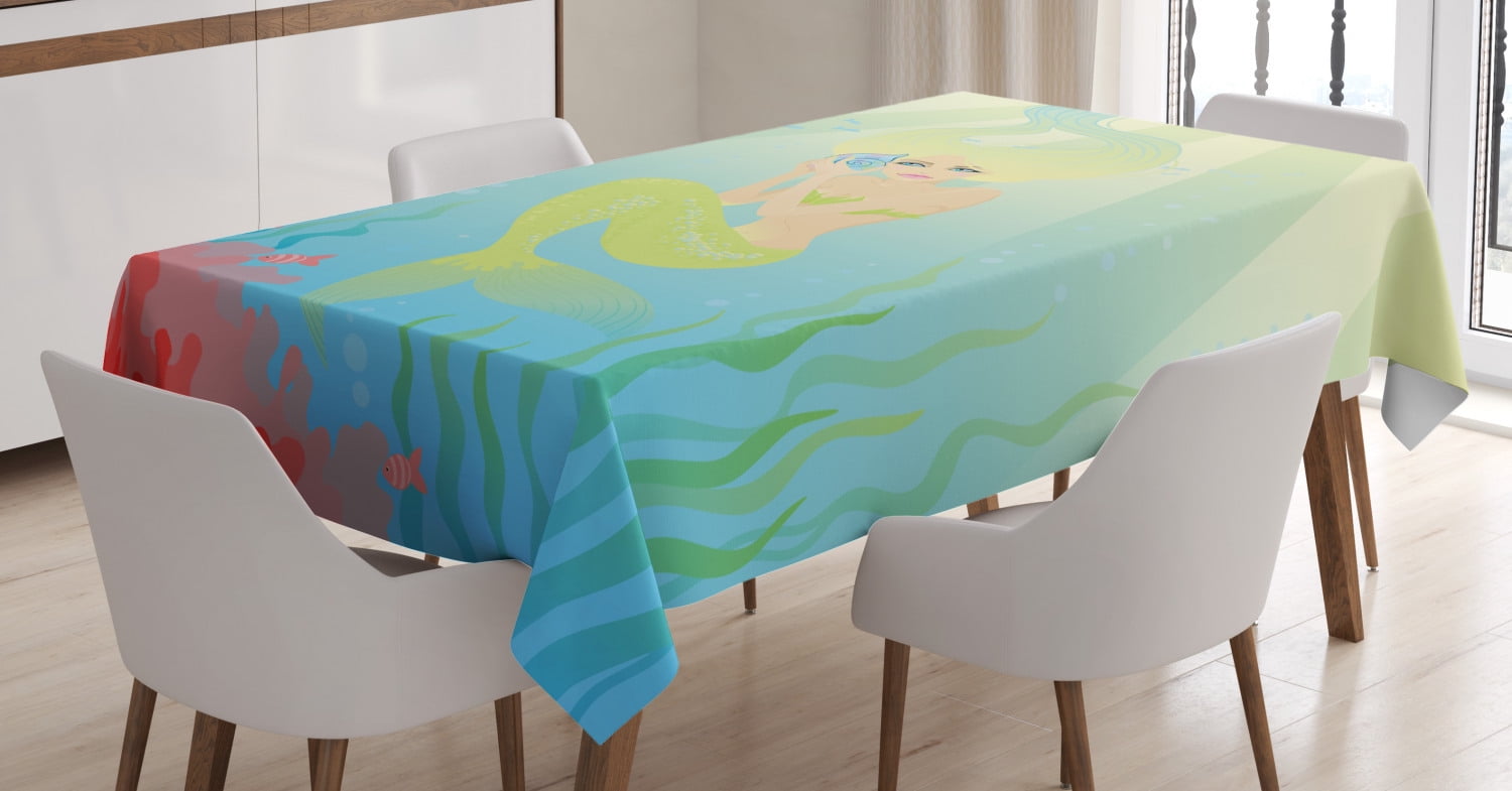 Mermaid Tablecloth, Soft Pastel Color Unusual Mermaid Fish Girl