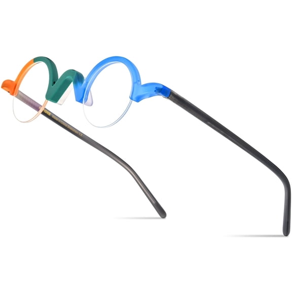 HEPIDEM Multicolor Acetate Glasses Frame Women,Semi Rimless Round Optical Eyeglasses (9281 Matte Green Blue)