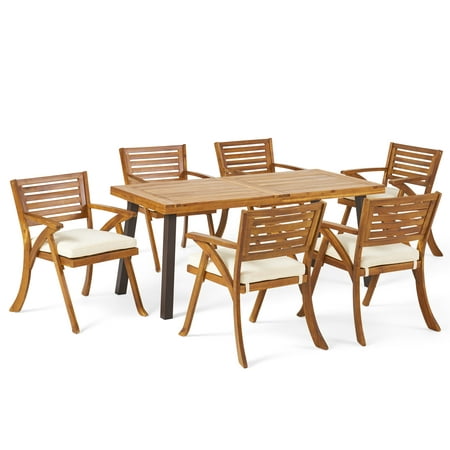 GDF Studio Desoto 7 Piece 6 Seater Acacia Wood Dining Set, Teak Finish