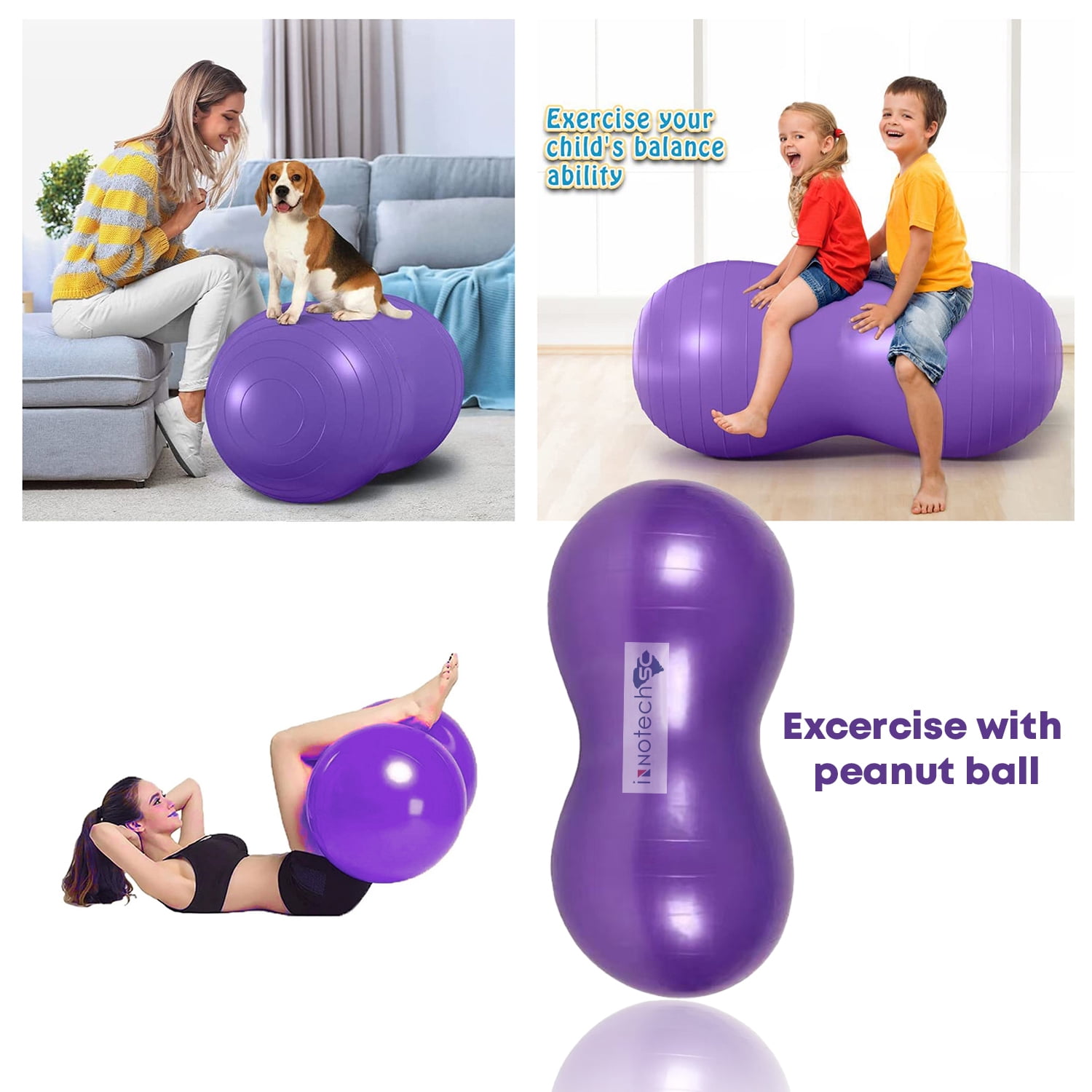 InnotechSC Peanut Ball – Anti-Burst Exercise Ball for Labor, Physical Therapy, Kids, Core Strength, Flexible Seating, Home & Gym Fitness, Sensory Chair Wiggle Seat (Includes Pump)- Purple