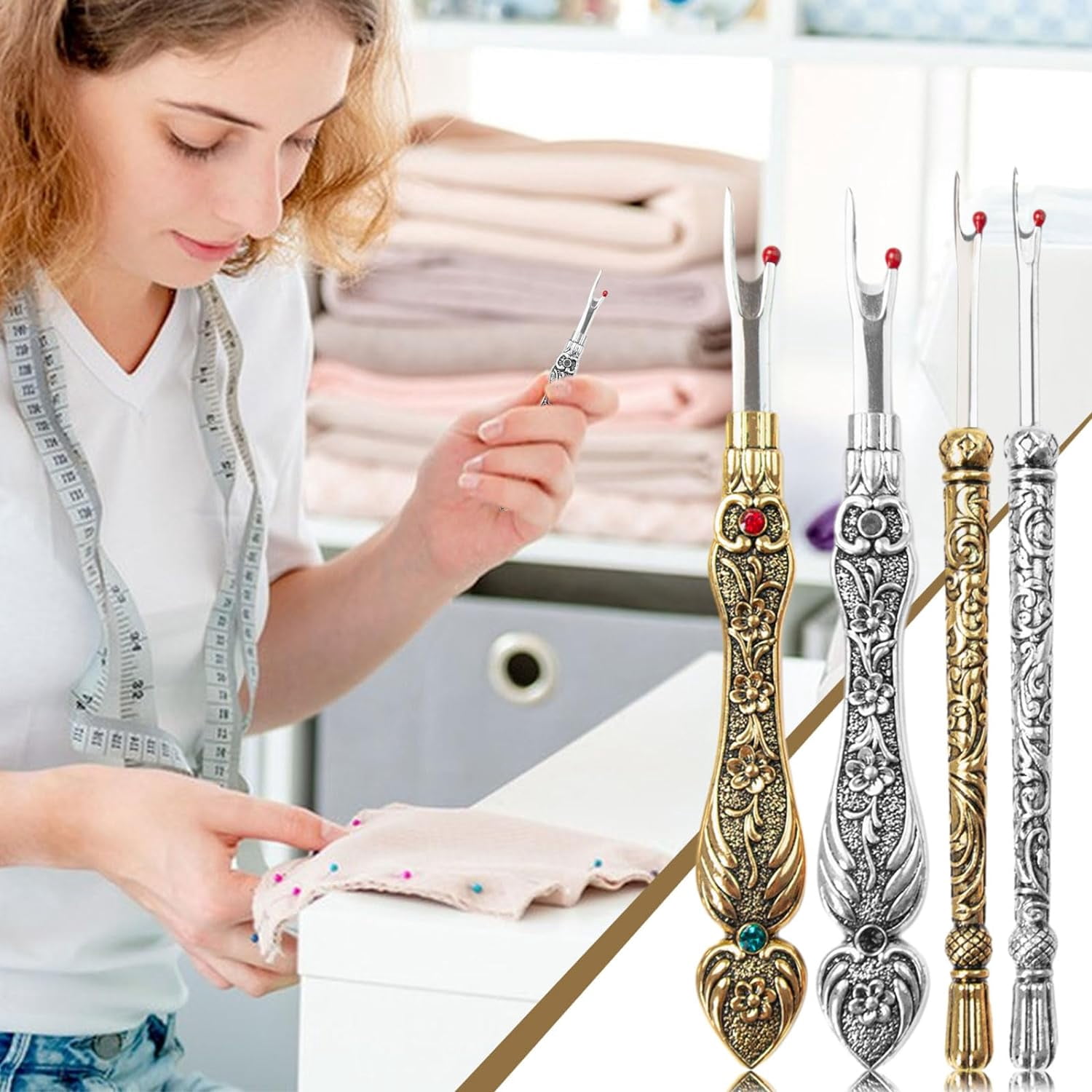 ABPETE 4 PCS Sewing Seam Ripper Vintage Stitch Eraser Retro Alloy Unpicker Quick Stitch Removal & Hole Cutting Remover Tool for Suture Removal Sewing Accessory Tools