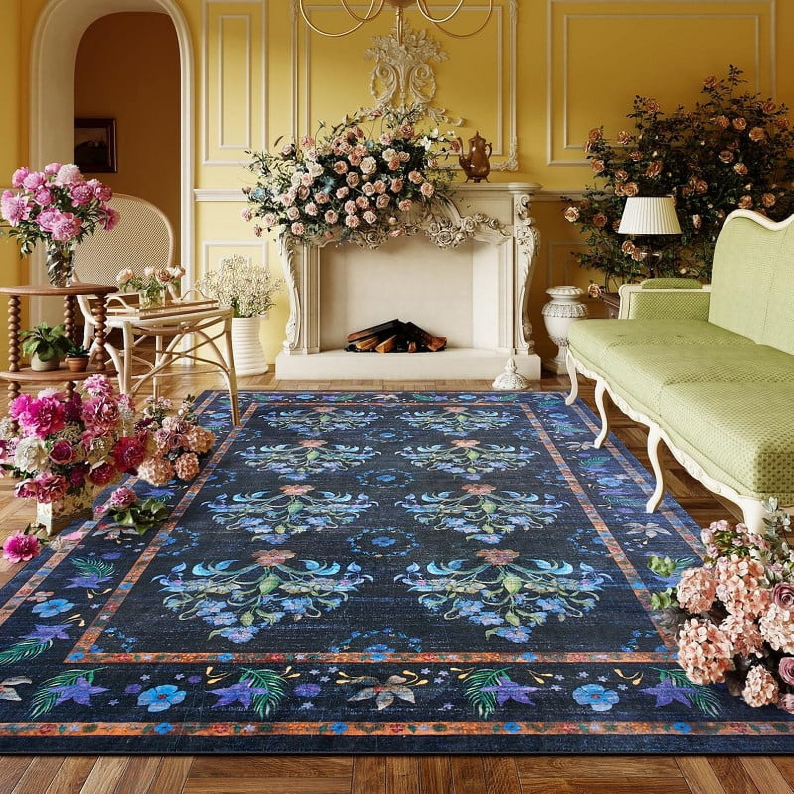 Jamfeel Rugs for Living Room Classic Boho Floral Print Floor Carpets Soft Low Pile Non-slip Washable Area Rug 4'x6' Black