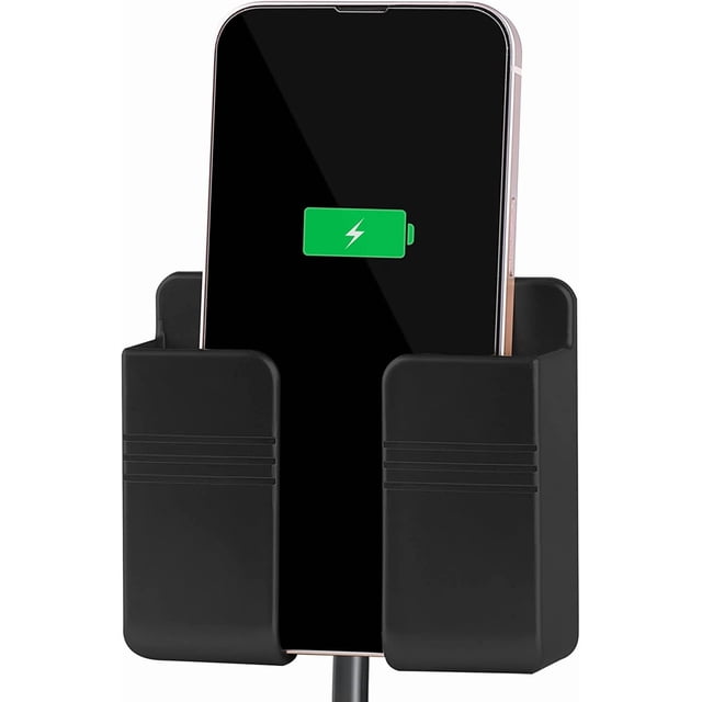 Wall Mount Phone Holder, Phone Stand with Adhesive and Data Cable Receiving Hole, Cell Phone Holder for Charging,Bedroom, Compatible with iPhone and Android (Black)