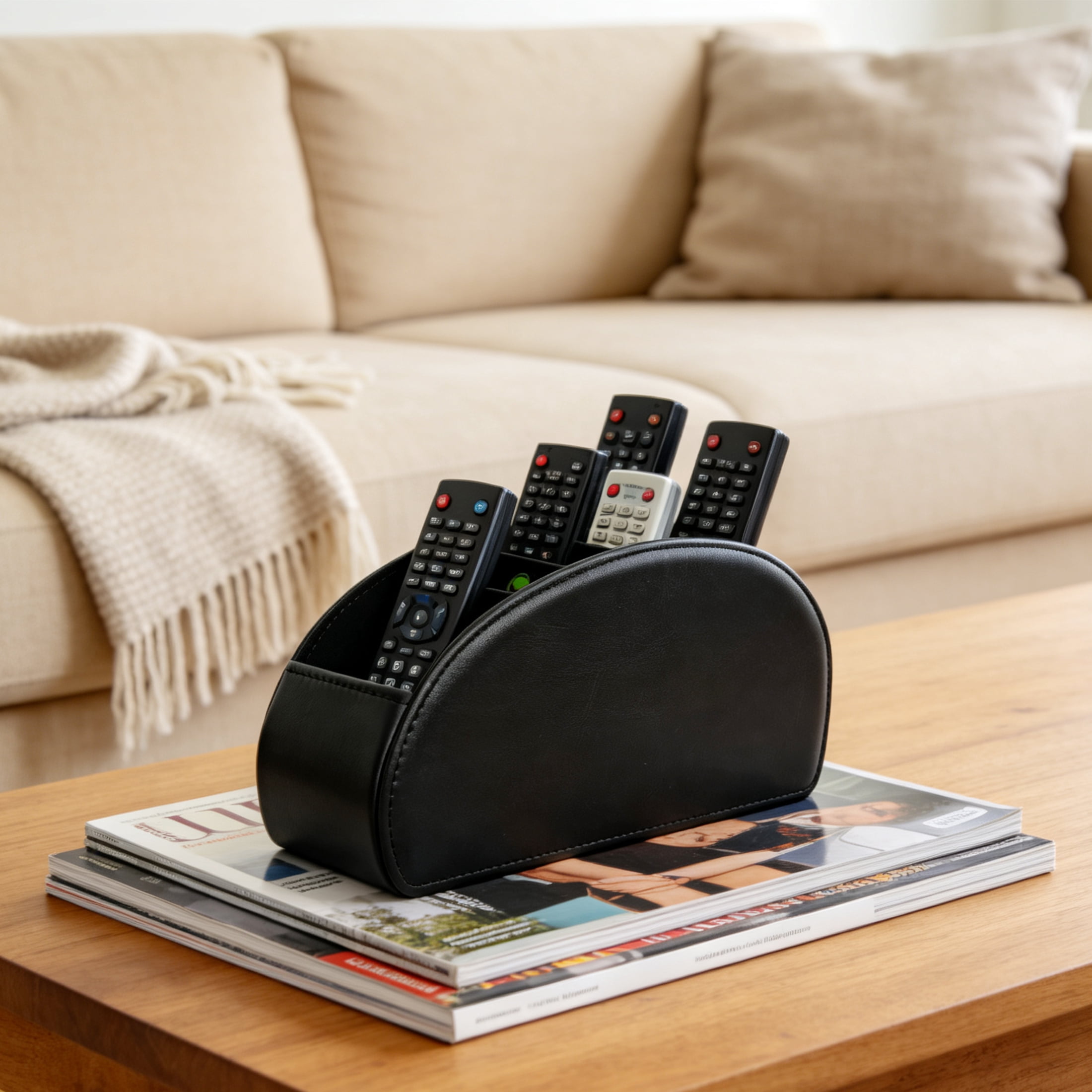 GARITIN Remote Control Holder, Multi‑Compartment PU Leather Desktop Storage Caddy