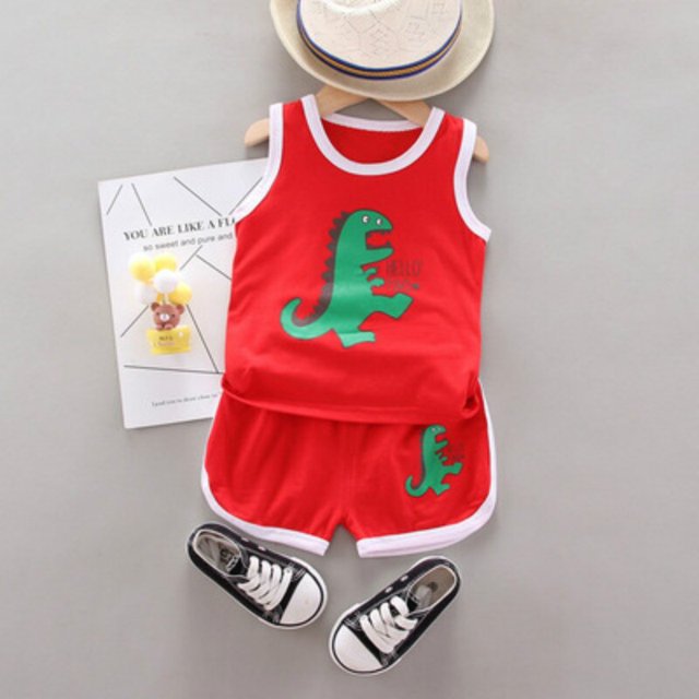 Conjunto de ropa para bebés, conjuntos de verano para niños y niñas, chalecos sin mangas con dibujos animados bonitos de algodón y pantalones cortos, conjuntos de ropa de 0 a 4 años 80 (1T) Gao Jinjia LED