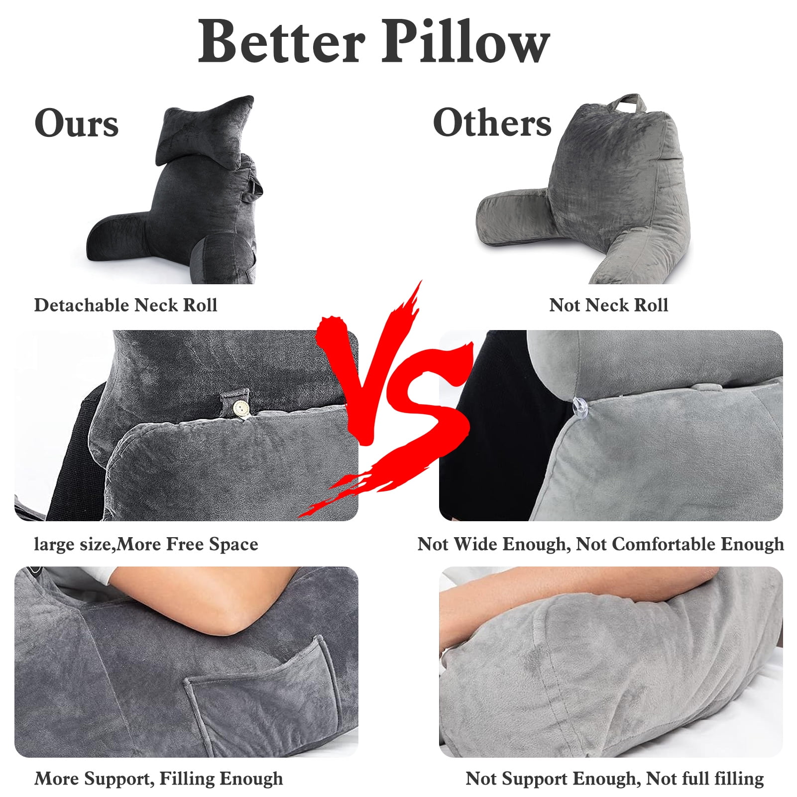BEIPEGIN Reading Pillow, 23" Backrest Pillow with Arms and Pocket, Bed Rest Pillow with Detachable Neck Roll, Watching TV Bed Rest Reading Gaming Pillow for Adult Kids, Dark Grey