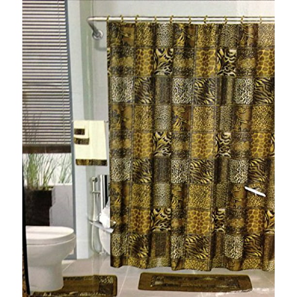 18pcs Bath Rug Set Leopard Brown, Shower Curtain Set With Rugs