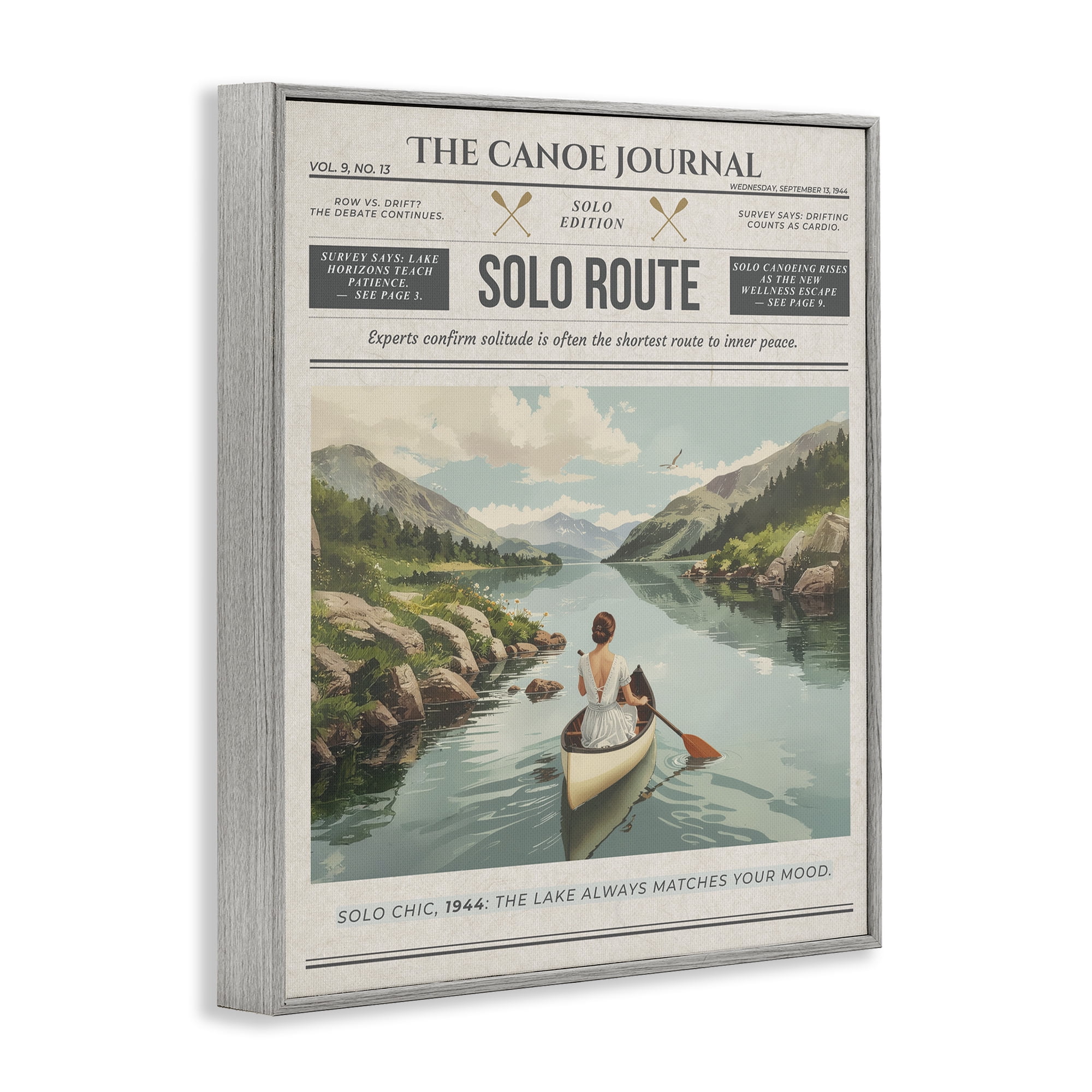 Stupell Industries Canoe Journal Newspaper Gray Framed Giclee Art, design by A Barefoot Stylist