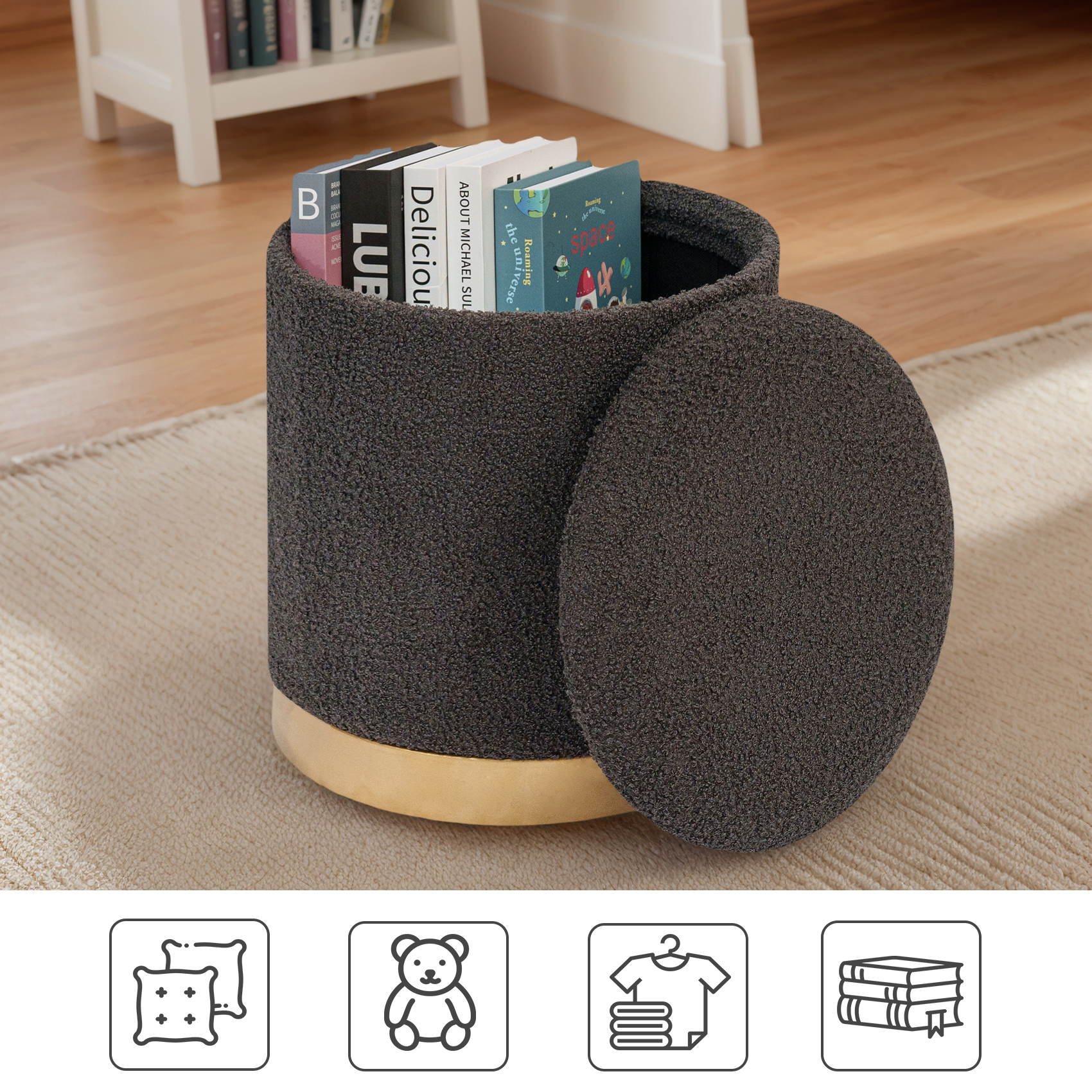 PINPLUS Round Storage Ottoman with Tray Gold Edge Stool Leg Folding Foot Rest for Living Room Dark Grey,Sherpa Fabric