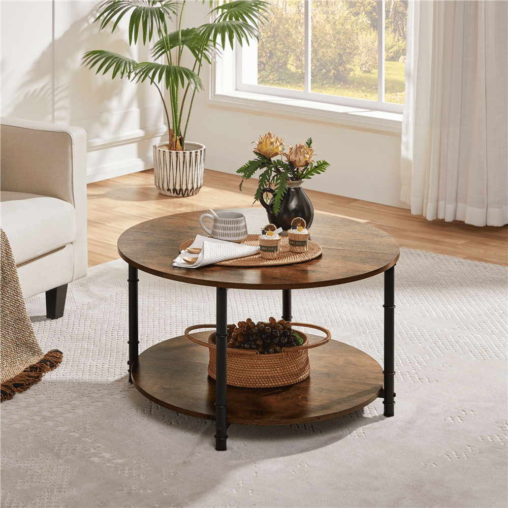Alden Design 2 Layer Round Coffee Table with Metal Frame, Rustic Brown