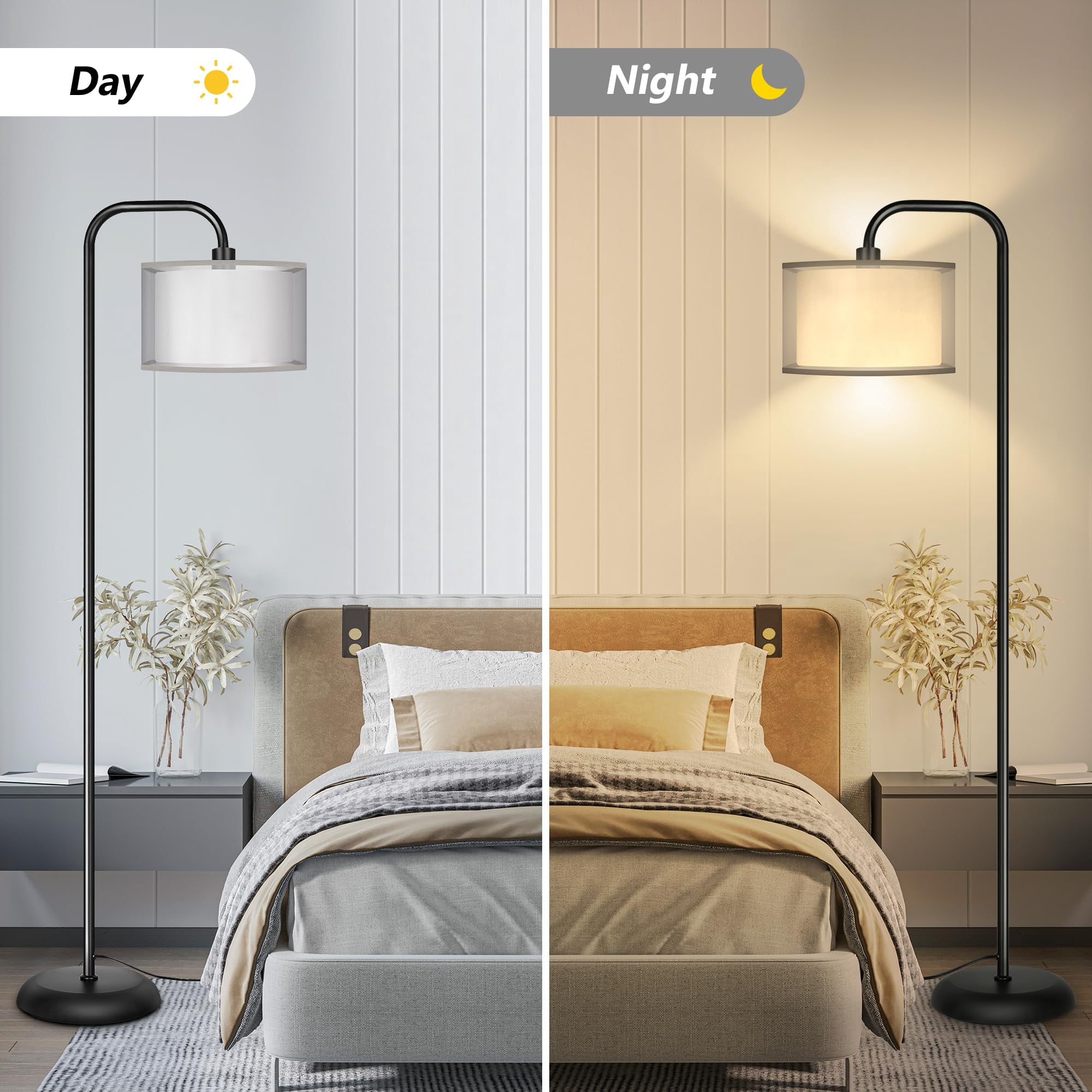 Led Floor Lamp For Living Room  Modern Standing With Foot Grey Organza Fabric Shade Tall Pole Reading Bedroom Study Office 9w Bulb Included