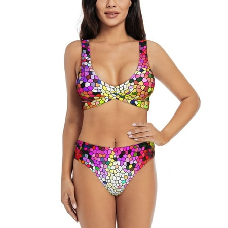 Zeuib Colorful Tie Dye Stained Glass 3 High Waisted Tummy Control Bikini Set - Knot Front Push Up Top & Cheeky Thong Bottom  Two-Piece Swimsuit for Women-Small