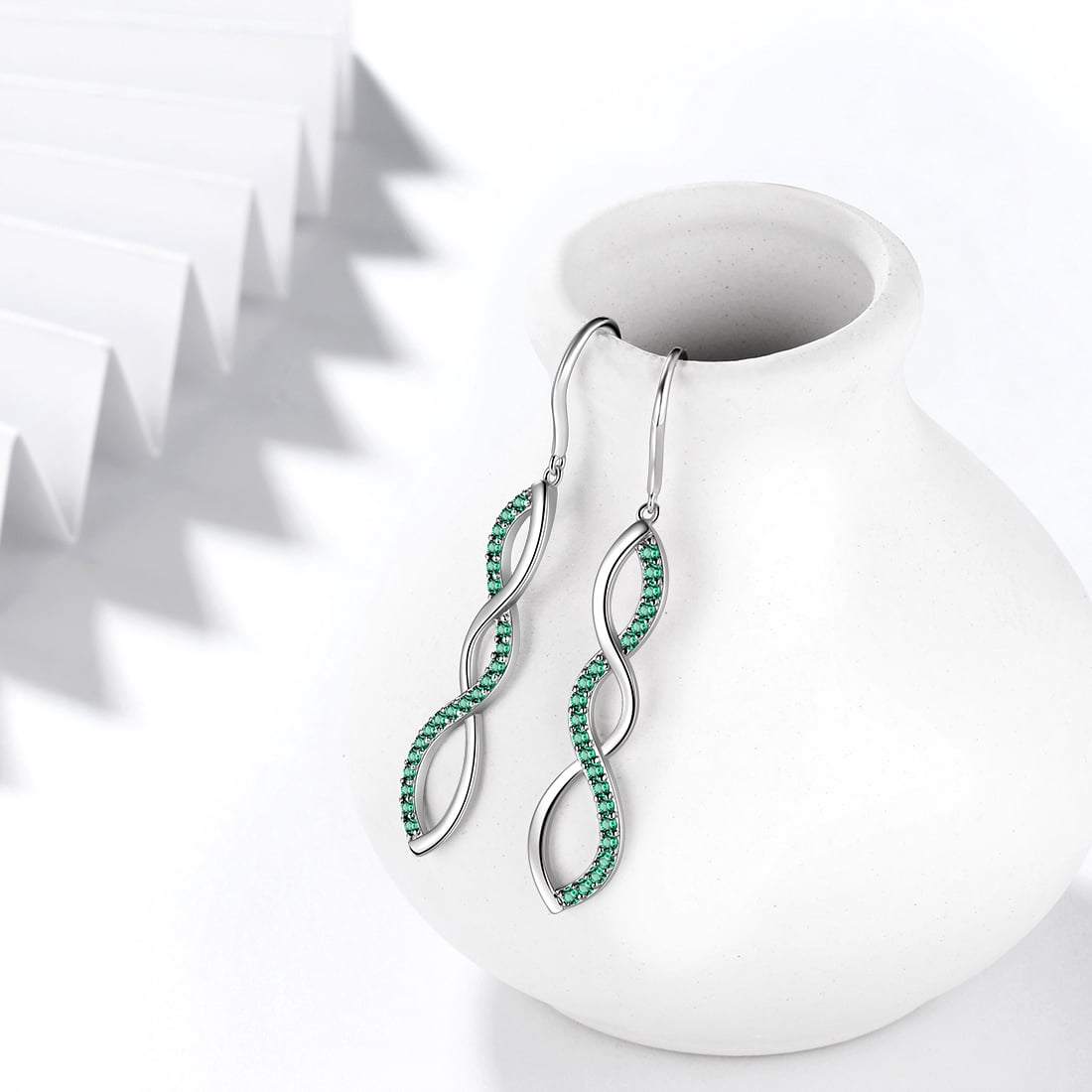 Infinity Women Earring Dangle Green Long Drop Earring 925 Sterling Silver Hook Jewelry Mother Wife Christmas Valentine's Day Gift for Her