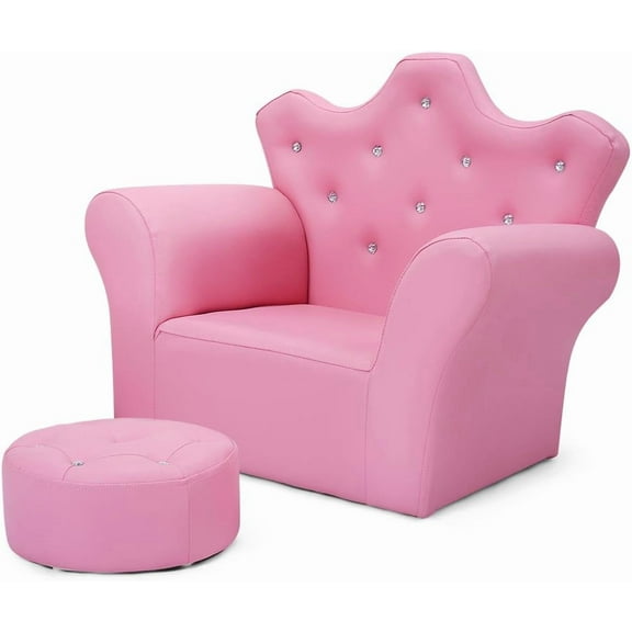 Kids Sofa with Ottoman, Crown-Like Kids Couch w/Comfy Armrests, Sturdy Wood Structure, PVC Leather Surface & Crystal Decoration, Toddler Chair with Footstool, Ideal for Princess 3-5 (Pink)