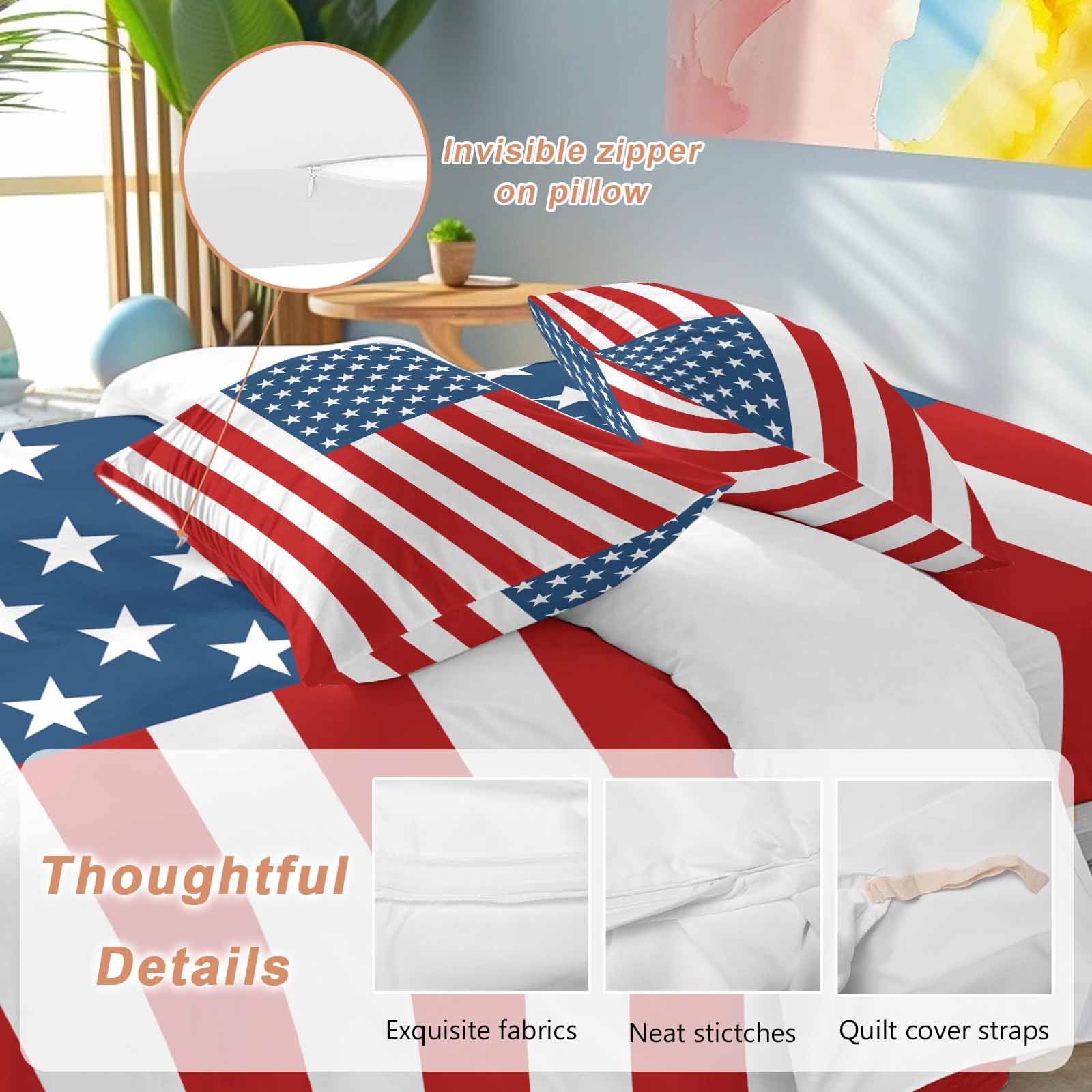 American Flag Duvet Cover Set, Blue Red USA Flag Soft Duvet Cover Full Size Bedding Set 4 Pieces, 1 Quiltcover and 2 Pillowcases with Zipper, 1 Bed Sheet for All Seasons