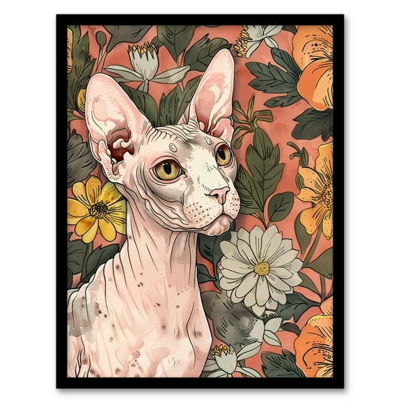 Artery8 Sphynx Cat Lover in Flower Garden Pet Portrait Living Room Art Print Framed Poster Wall Decor 12x16 inch