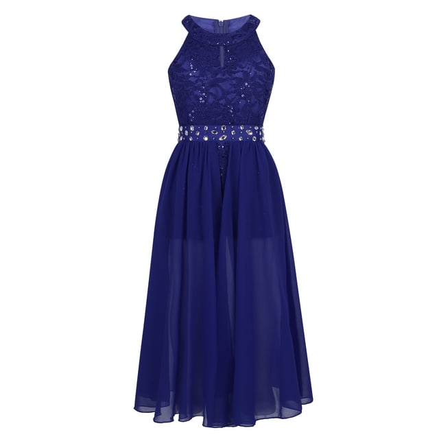 Kaerm Robe de Mariée Fille Fleurie Col Halter Robe de Fête en Dentelle Florale pour Enfants Robe de Bal à Paillettes Strass Unitard Bleu 14