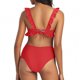 thumbnail image 4 of Trajes de Baño de Mujer de Cintura Alta Cuello en V Ruffle Sólido, Ajuste Apretado Reunión Dividido Conjunto Sexy, 4 of 7