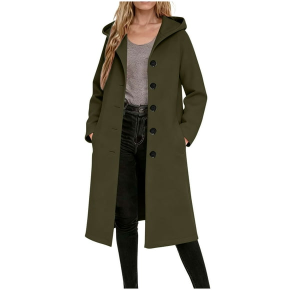 Winter Coats for Women, Ladies' Casual Warm Winter Daily Solid Color Long-Sleeve Hooded Woolen-Like Trench Coat Top with Pockets & Buttons, Regular-Fit, Long Coats for Women