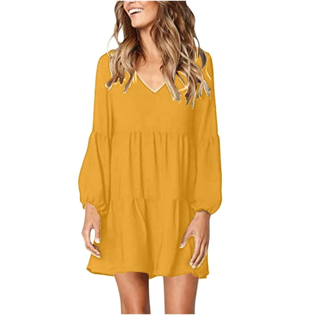 CFLVAEK Robes Mini à Étages Smockées pour Femmes Couleur Unie Robe à Manches Longues Décontractée Col en V Robes de Plage Jaune TG