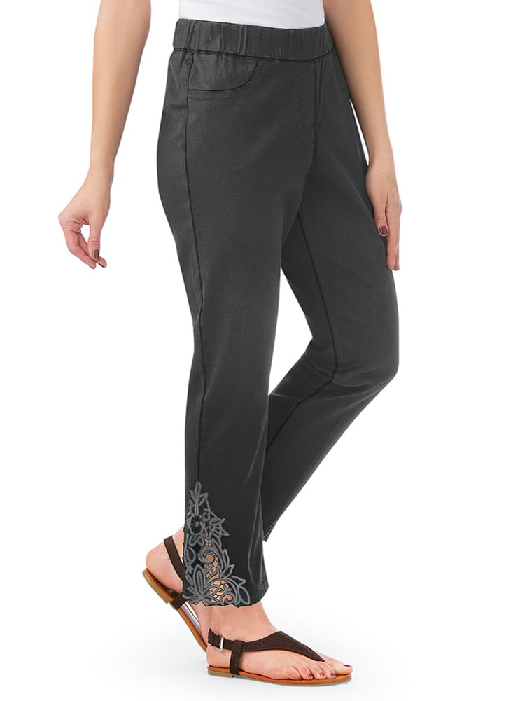 Collections Etc. Black Lace Inset Woven AnklePant with Faux Pockets