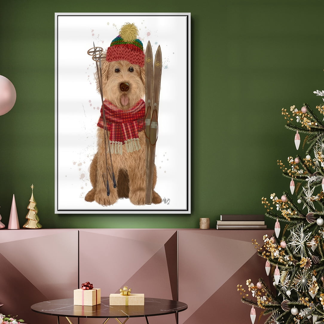 Goldendoodle Ski Dog - Framed Gallery Wrapped Holiday Canvas - 17 x 25 - White Frame